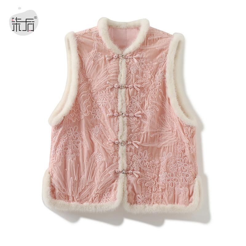 丝绒水貂毛领新中式棉袄马甲外套