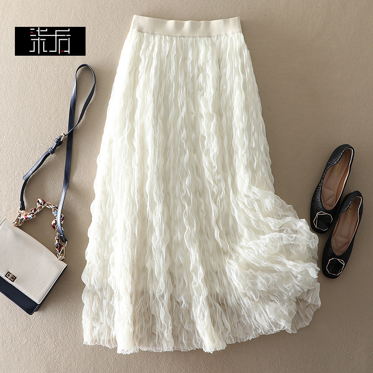长裙高腰法式风A型压褶半身裙