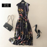 Черная шелковая длинная юбка без рукавов, летнее платье, европейский стиль, V-образный вырез, высокая талия, А-силуэт