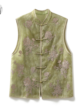 轻薄透气100%桑蚕丝重工刺绣提花新中式立领对襟马甲上衣外套女
