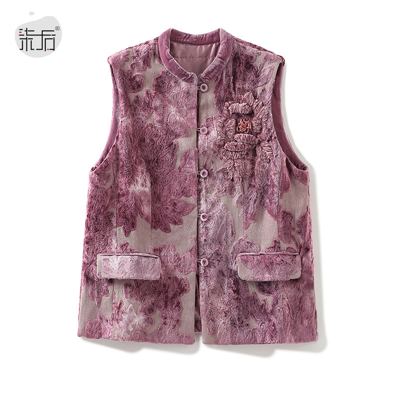 高端大牌无袖马甲棉服女2025冬季新款植绒提花轻国风夹棉棉袄外套