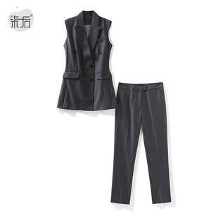 套装 商场同款 时尚 九分裤 女 职业通勤高级灰羊毛双排扣马甲上衣
