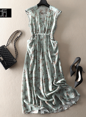 特#女神气场！25夏高档真丝湖绿色印花无袖松弛感长裙v领连衣裙子