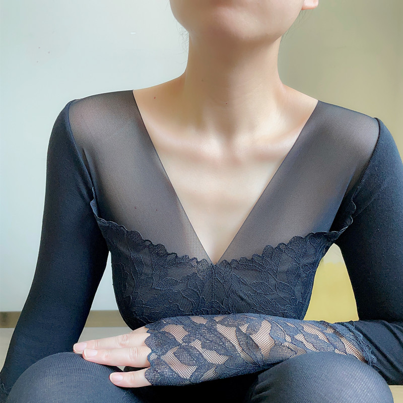 保暖内衣女秋衣秋裤套装薄紧身美体蕾丝低胸发热内搭打底棉毛衫