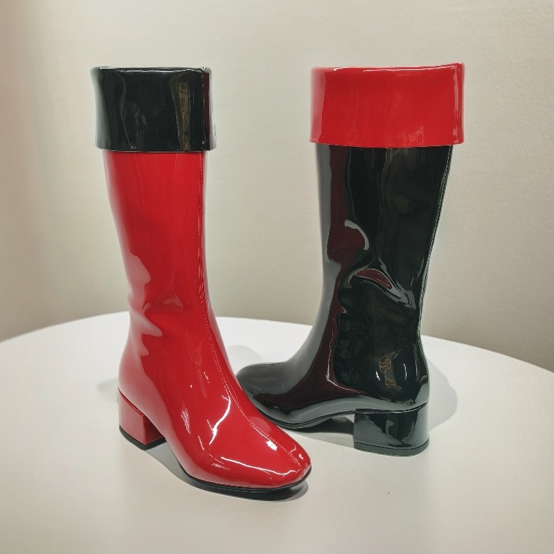 四季通用亮漆皮粗跟拼色撞色高筒靴小码时装模特走秀比赛舞台表演
