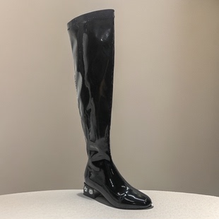 四季通用水钻宝石粗跟过膝靴亮漆皮长靴显瘦弹力靴小码模特走秀鞋