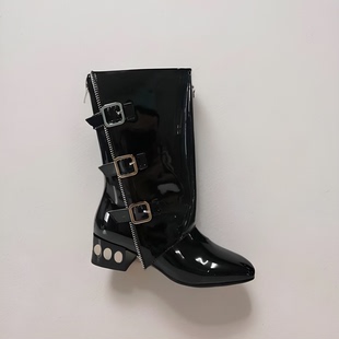 模特走秀舞台表演比赛鞋 管靴粗跟中筒靴小码 欧美风银色漆皮裙边裤