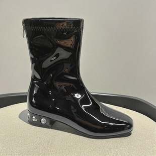 春秋亮漆皮水钻宝石金色银色平跟短靴小码模特走秀舞台比赛小靴子