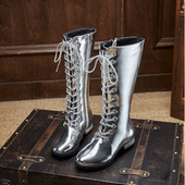 春秋亮漆皮平跟马丁靴银色高筒靴模特走秀舞台表演平底水钻小码 鞋