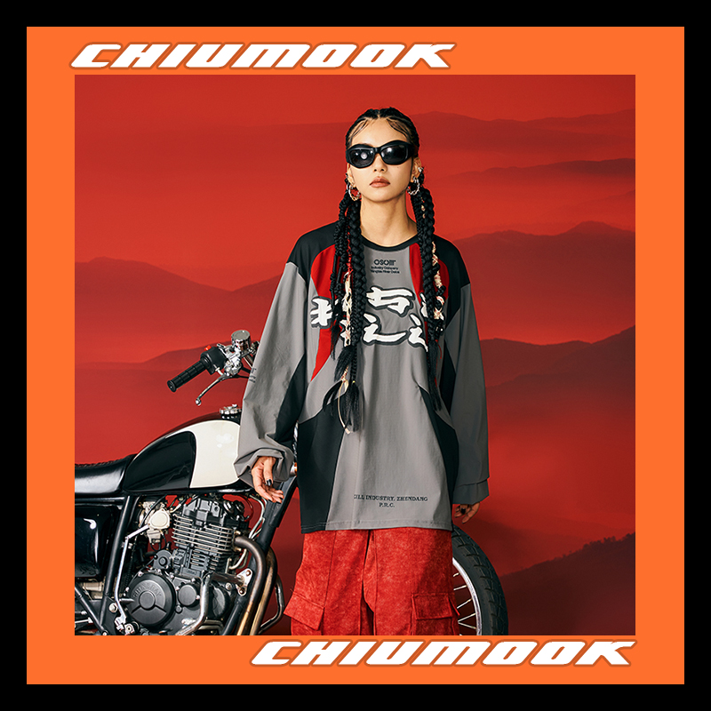 OSCILL 竞技复古赛车机车拼接长袖T恤