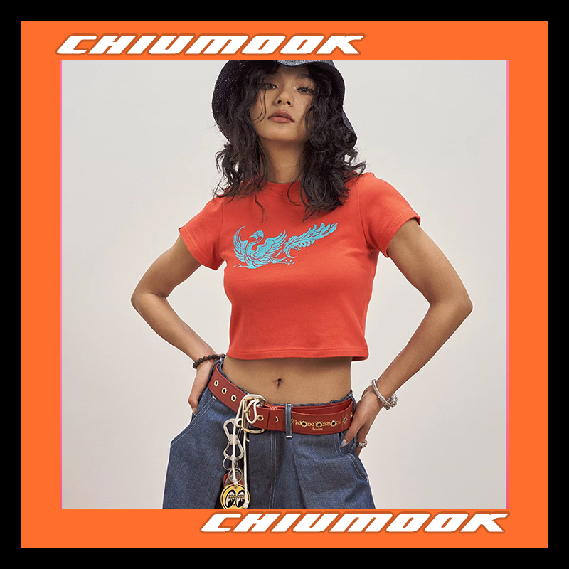 OSCILL  凤凰丹青露脐短款修身短袖 T恤