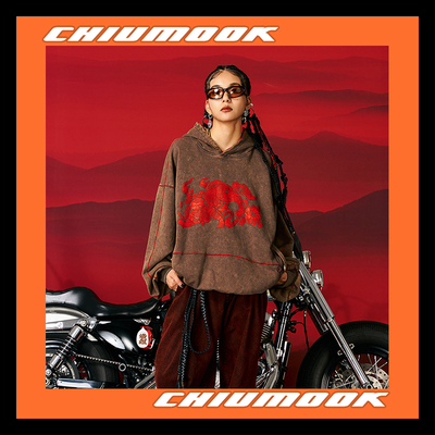 OSCILL   狮滚绣球印花砂洗短宽廓形卫衣