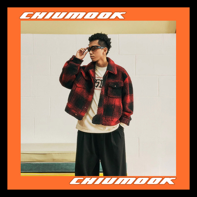 OSCILL翻领宽松短款红黑格纹夹克