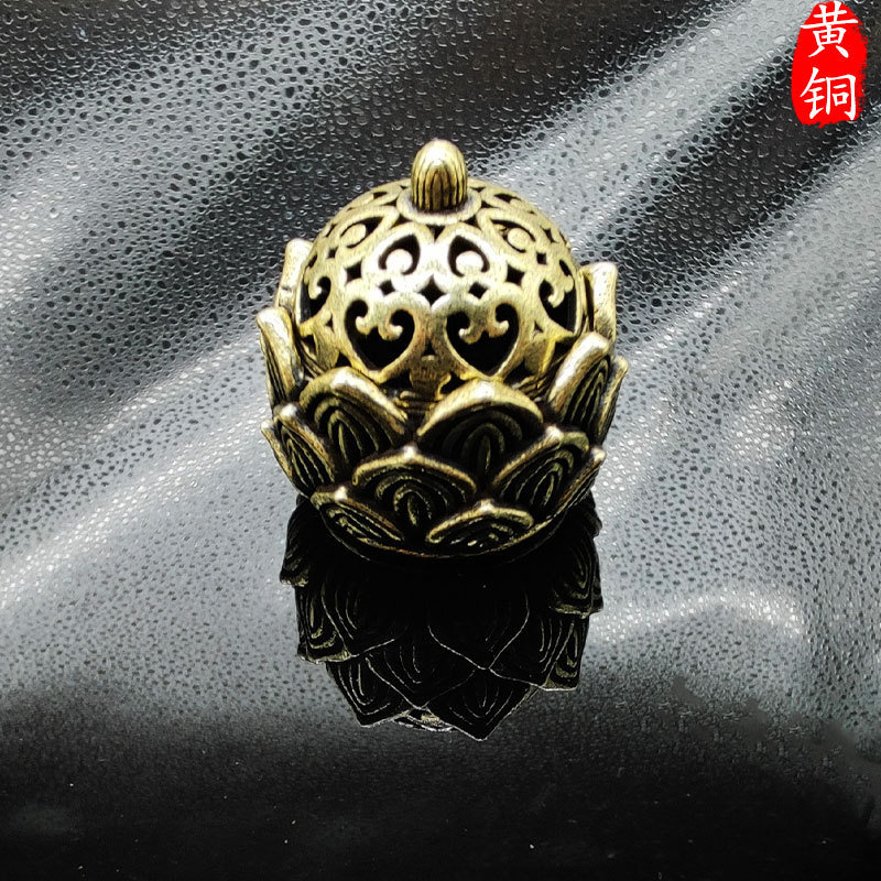 镂空莲花香炉黄铜带盖子熏香炉摆件古玩铜器莲花小香炉小摆件