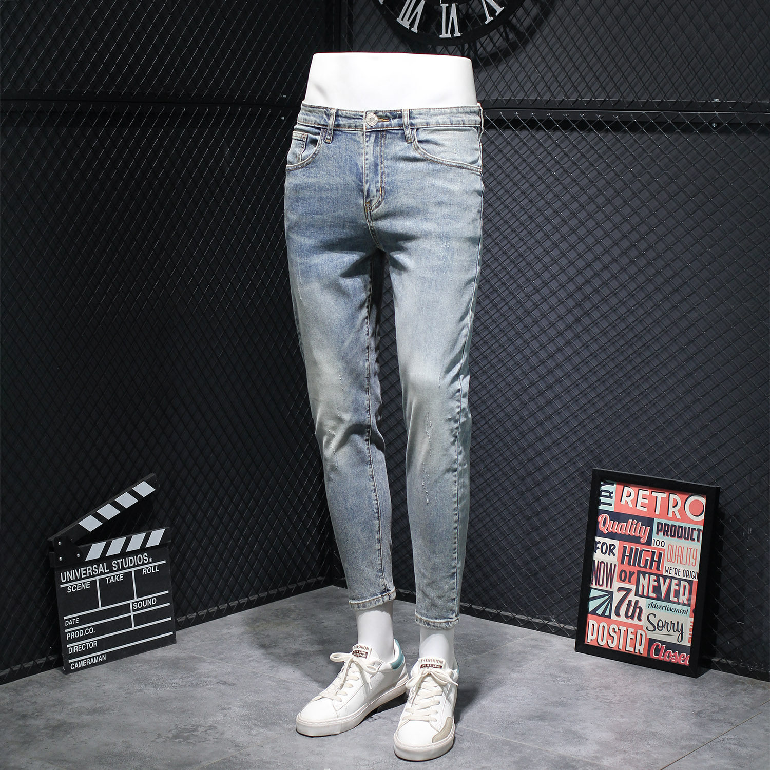 夏季薄款浅蓝色九分牛仔裤男潮流百搭修身小脚裤9分显瘦紧身裤子