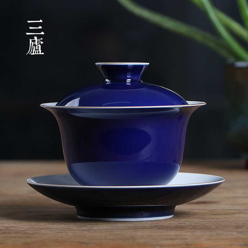 景德镇原矿霁蓝釉盖碗茶杯纯手工矿物釉老季蓝三才泡茶碗功夫茶具