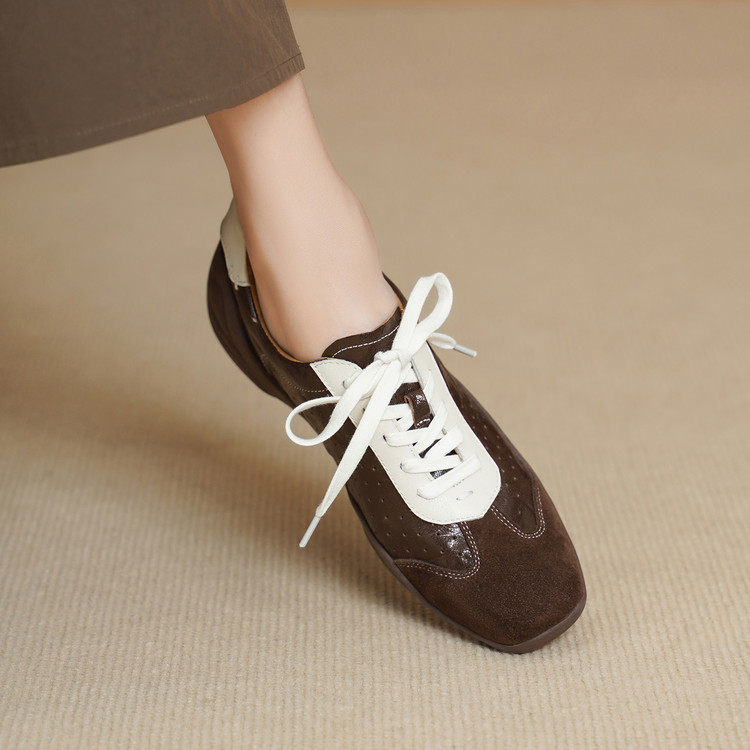 3cm复古风真皮德训鞋2026新款系带拼色休闲运动深口单鞋舒适百搭,女鞋,深口单鞋,淘宝优惠券,粉丝福利购,淘宝优惠卷