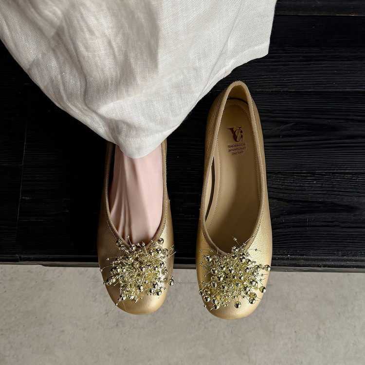 2.5cm真皮甜美风单鞋内增高圆头芭蕾舞鞋百搭软底漂亮一脚蹬女鞋