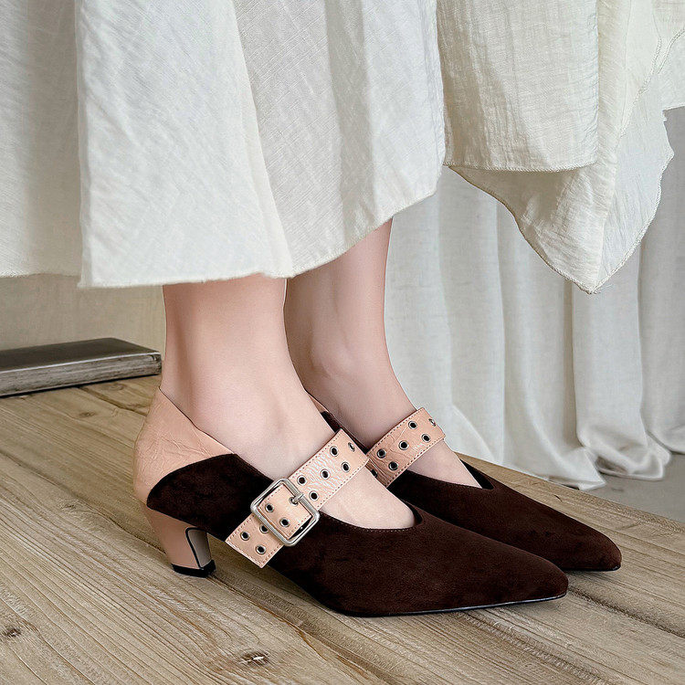 5cm复古配裙子拼色翻毛皮显瘦尖头粗跟高跟皮带扣玛丽珍小皮鞋女