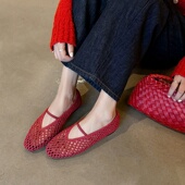 1.4cm小众网面镂空编织平底时尚 圆头罗马凉鞋 玛丽珍鞋 一脚蹬凉鞋