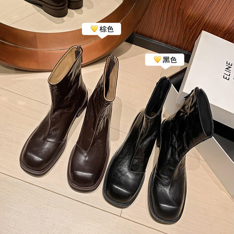 法式复古羊皮小短靴女2024新款粗跟英伦风显瘦马丁靴真皮瘦瘦靴