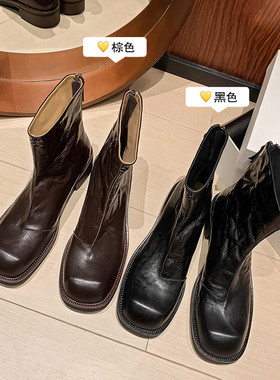 法式复古羊皮小短靴女2024新款粗跟英伦风显瘦马丁靴真皮瘦瘦靴
