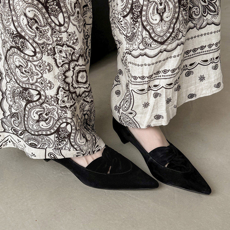 4cm法式复古羊反绒皮浅口单鞋女尖头粗跟不累脚高跟鞋中跟妈妈鞋