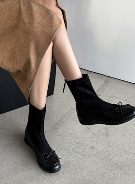 时尚简约气质拼接蝴蝶结弹力靴2025年秋冬新款圆头平底后拉链短靴