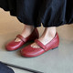 4cm玛丽珍鞋 真皮软底小皮鞋 魔术贴内增高一字带单鞋 女酒红色法式