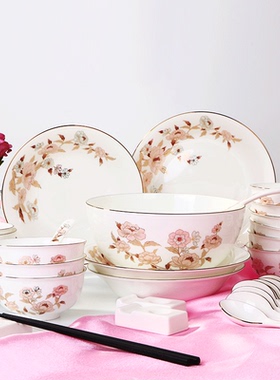 敏杨 陶瓷餐具套装送礼团圆饭碗盘碟套装骨瓷樱之恋60头礼盒装