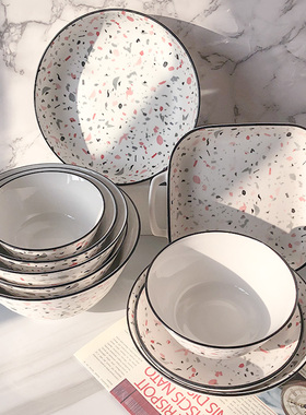 敏杨碗碟套装 饭盘双耳餐具韩版ins风陶瓷汤碗旗舰店甜蜜时光釉下