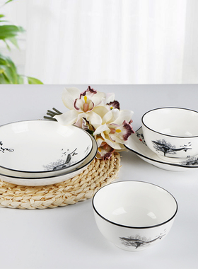 敏杨碗碟套装 家用碗盘餐具韩版ins风陶瓷汤碗面碗旗舰店水墨江南