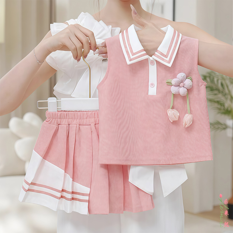 女童无袖百褶裙套装2025夏季jk学院风polo领露背蝴蝶结T恤半身裙9