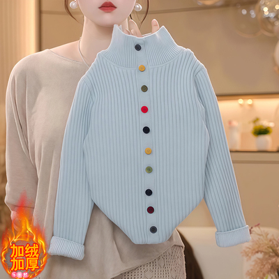 女童加绒半高领毛衣2025新款秋冬针织衫一体绒加厚保暖打底衫上衣
