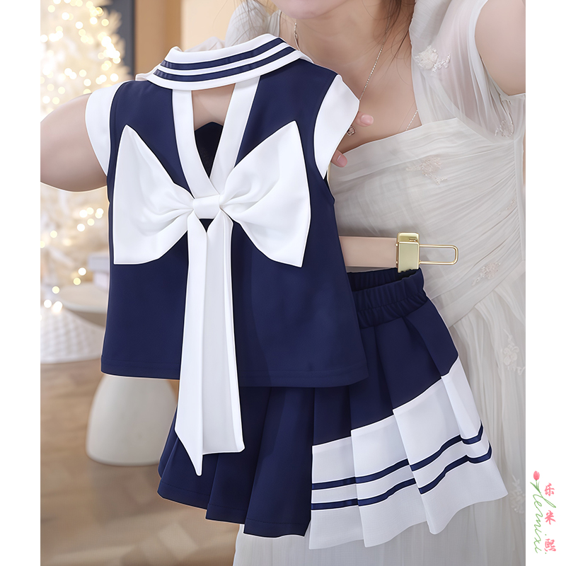 女童polo领无袖套装2025夏季jk学院风百褶裙露背蝴蝶结T恤半身裙9