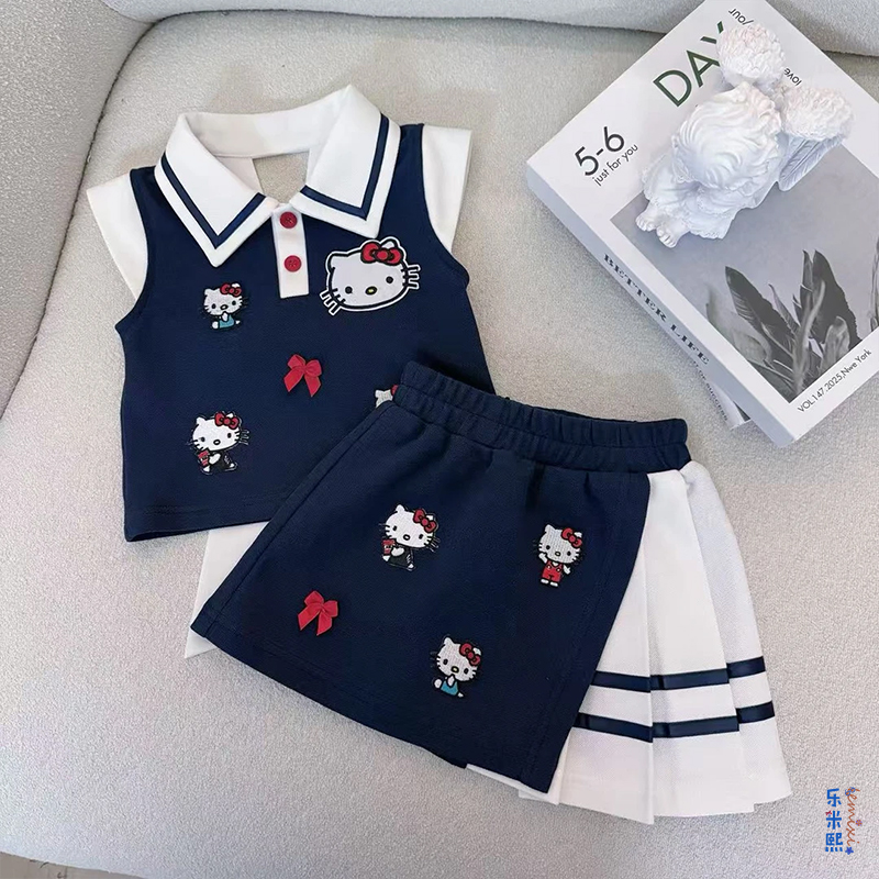 女童polo衫半身裙套装2025夏季女宝卡通无袖百褶裙学院风jk背心潮