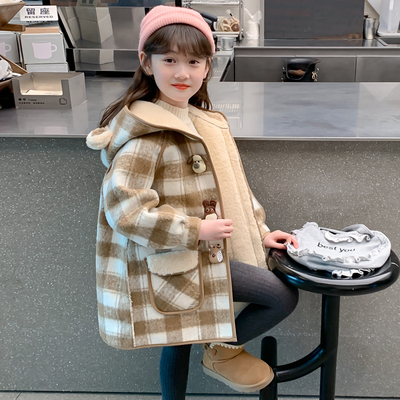 女童秋冬装外套2025新款儿童女孩冬季加绒加厚中长款卡通格子大衣
