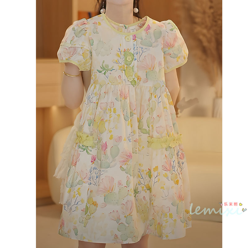女童泡泡袖碎花连衣裙2025夏款大童初中生木耳边公主裙海边沙滩裙