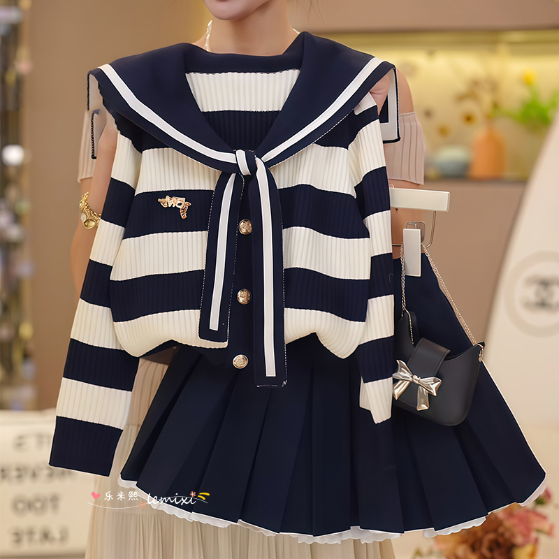 女童学院风海军领毛衣jk裙套装春秋2025新款条纹针织衫外套百褶裙