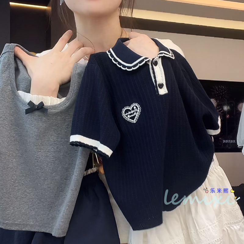 女童冰丝短袖2025夏款中大童娃娃领T恤针织衫POLO衫学院风薄款潮8