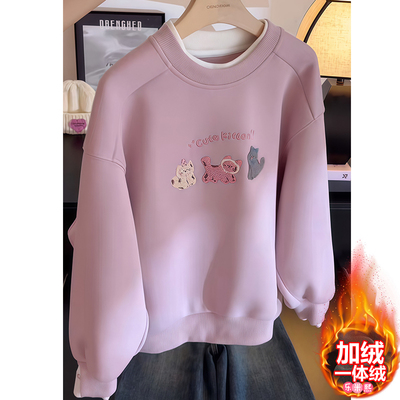 女童卡通加绒卫衣2025新款秋冬加厚一体绒刺绣保暖打底衫上衣洋气