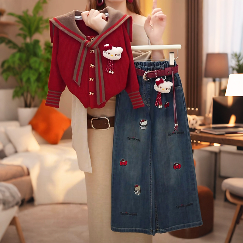 女童针织开衫套装春秋2025新款儿童女孩KT猫牛仔裤加绒两件套洋气