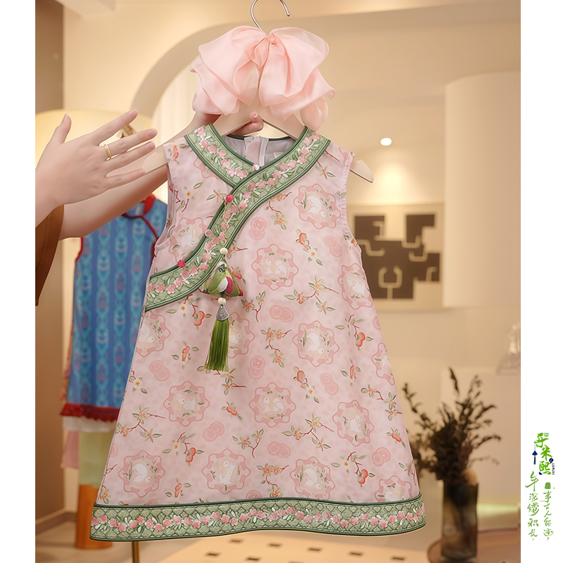 女童国风旗袍裙2025夏季新中式女宝无袖刺绣背心裙轻薄公主连衣裙