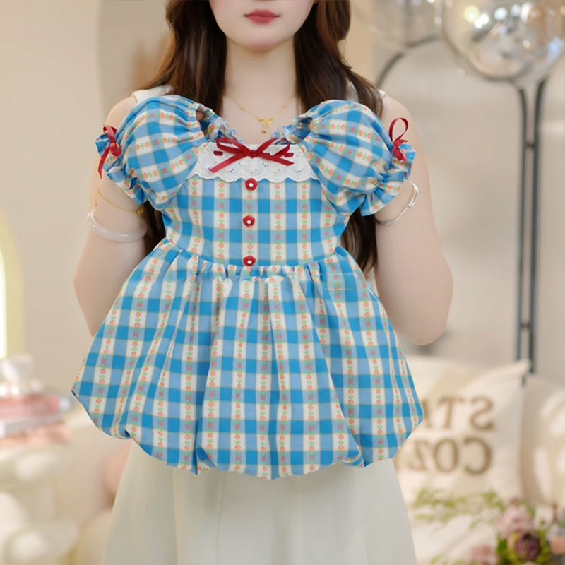 女童泡泡袖格子连衣裙2025夏款小女生花苞公主裙海边沙滩裙小碎花