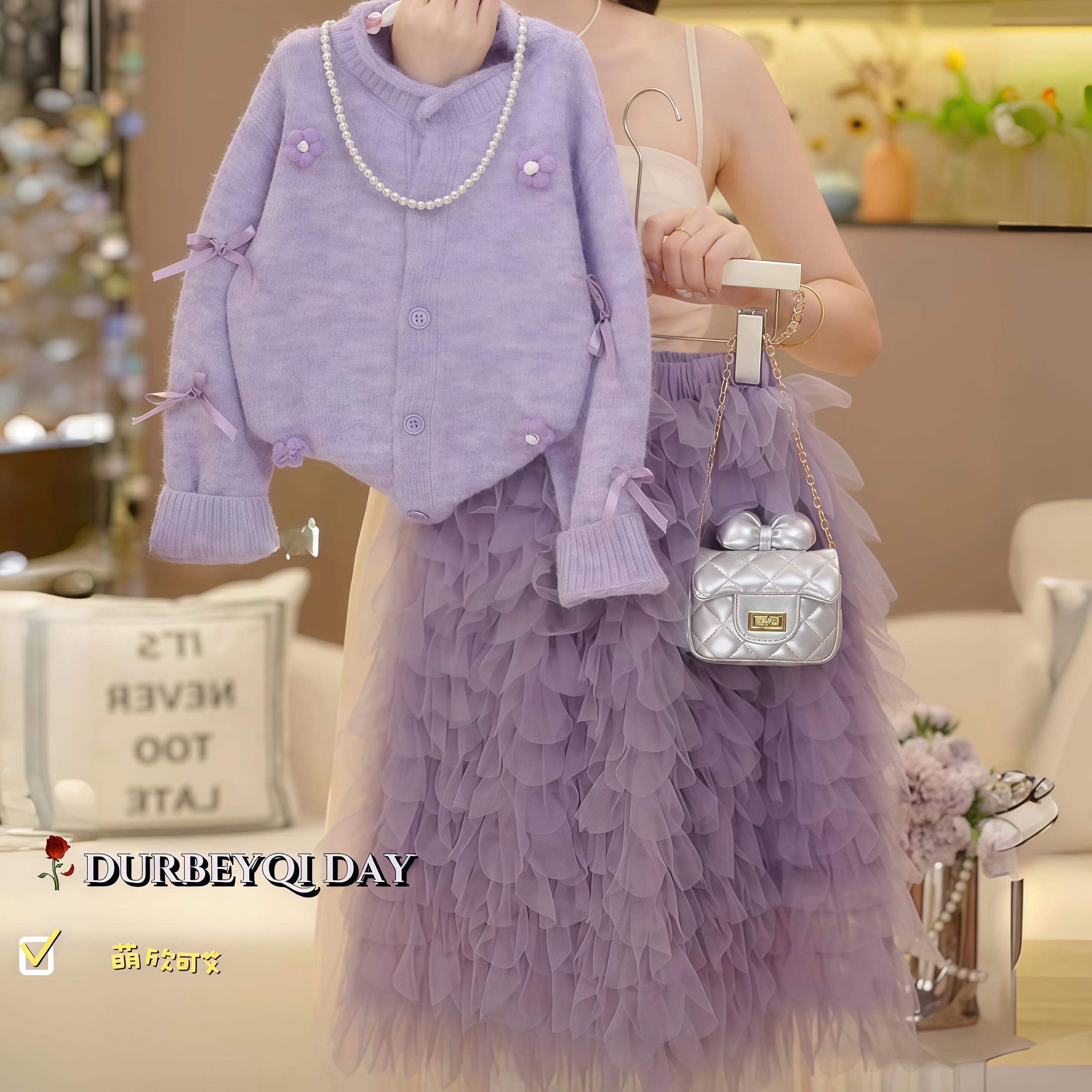 女童蝴蝶结针织开衫半身裙套装秋冬2025新款甜美毛衣公主蛋糕纱裙