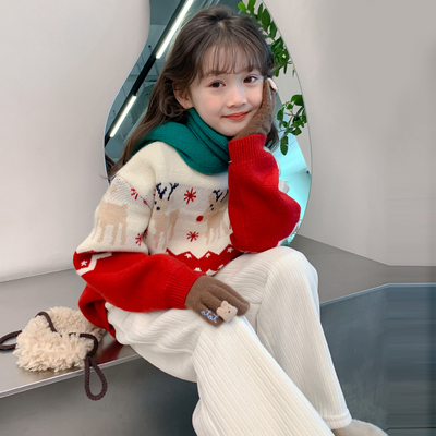 女童秋装毛衣2025新款儿童女孩秋冬季加绒加厚圣诞麋鹿针织打底衫