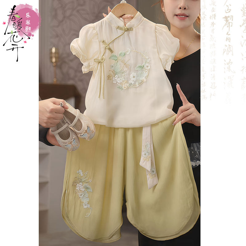女童新中式刺绣泡泡袖短袖汉服套装春夏款国风薄款盘扣阔腿裙裤子