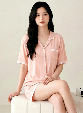 绮瑞23年新款睡衣女夏天丝莫代尔短袖开衫翻领套装时尚蕾丝家居服