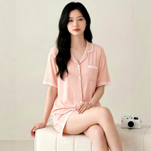 绮瑞23年新款睡衣女夏天丝莫代尔短袖开衫翻领套装时尚蕾丝家居服