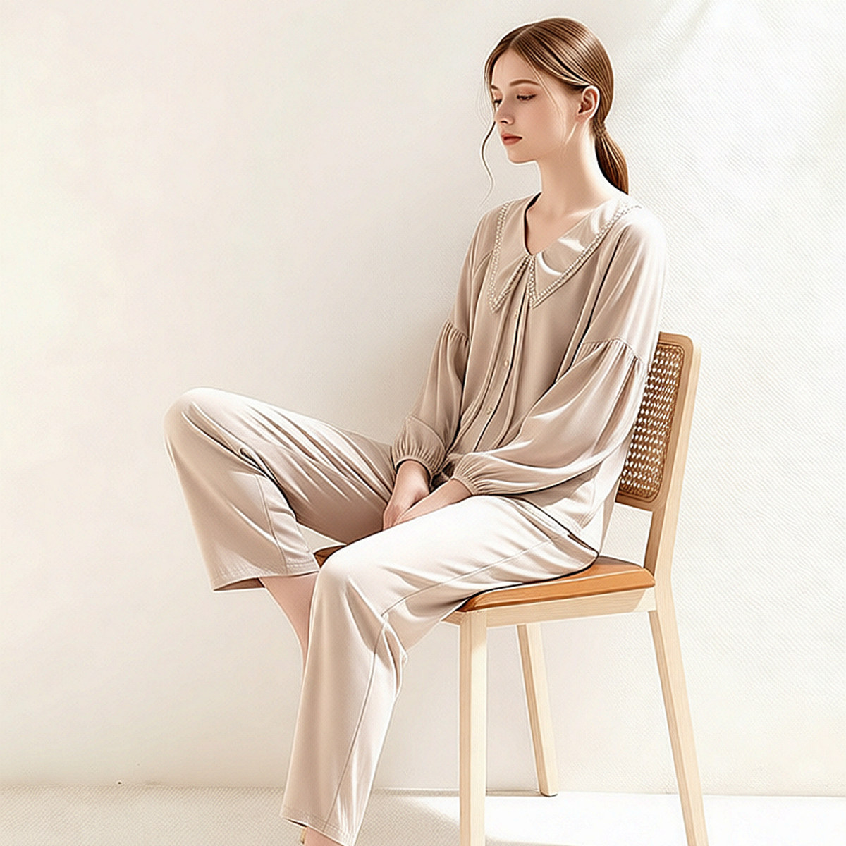 绮瑞女士家居服兰精莫代尔长袖春秋女款棉莫睡衣优雅秋冬妈妈大码